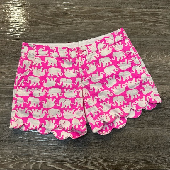 Lilly Pulitzer Pants - Lilly Pulitzer Buttercup Shorts Size 0 Pink Elephant Print Scallop Hems